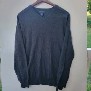 Warm ALLEN SOLLY Charcoal Merino WOOL Men Size Large L KNIT V-Neck Thin Sweater